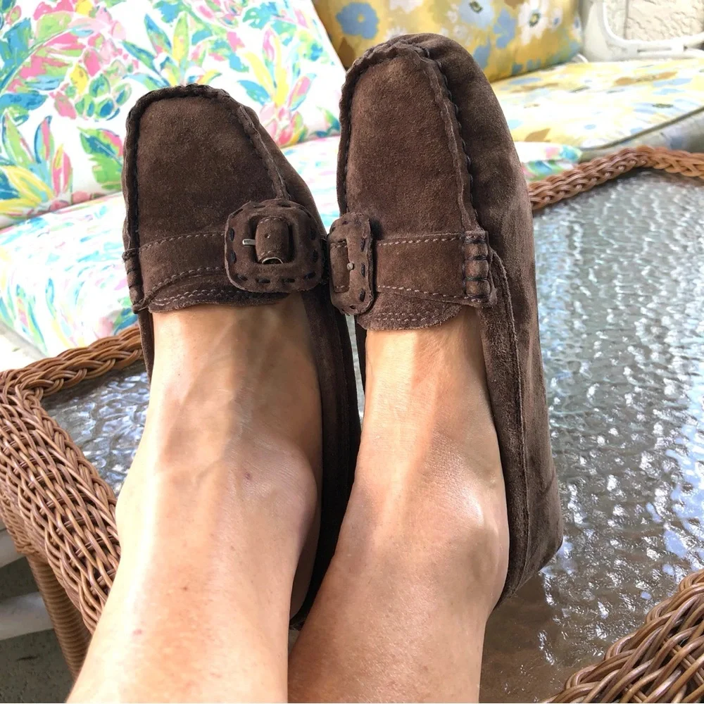 UGG Thelma Brown Suede Shearling Lined Driving Loafers Size 6 EU 37